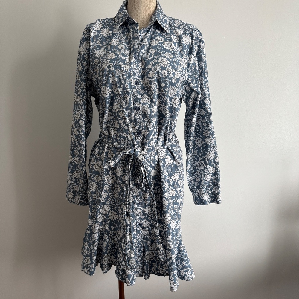 Chaps - Blue and White Floral Button Down Midi Dress